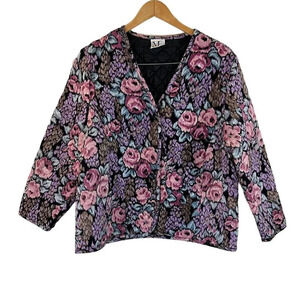 Ms. Russ Quilted Floral Button Up Blouse Vintage Muted Pink Purple Blue Black